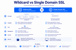 Wildcard SSL versus single domain SSL comparison showing certificate coverage management and security differences