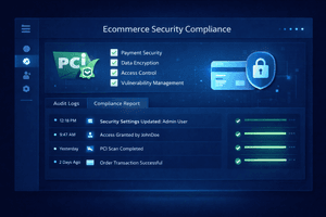 PCI DSS compliance dashboard with security audit logs and secure payment protection indicators.