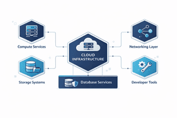 cloud infrastructure components diagram showing compute storage networking databases and developer tools