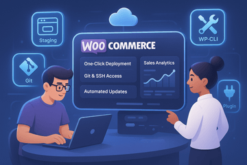 Developer and store owner managing a WooCommerce site with advanced tools like Git, SSH, and one-click deployment in a modern, automated hosting dashboard.