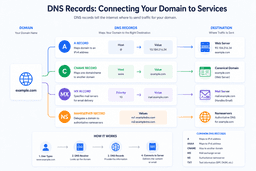DNS records configuration including A record CNAME MX and nameservers for domain setup