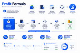 Reseller hosting profit margin formula showing revenue expenses gross margin net profit and ROI
