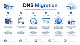 DNS migration workflow showing TTL reduction DNS updates website migration and cloud hosting cutover