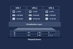 VPS application deployment architecture showing physical server, virtualization layer, and multiple VPS instances