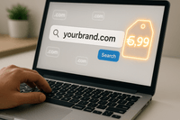 "A realistic image of a hand typing ‘yourbrand.com’ into a search bar on a laptop. Highlight a glowing euro price tag (€5.99) beside the screen. Subtle domain icons (.com) float around, with a beginner-friendly and welcoming interface on screen. Clean, modern, and approachable workspace aesthetic."
