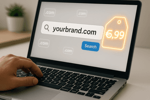 "A realistic image of a hand typing ‘yourbrand.com’ into a search bar on a laptop. Highlight a glowing euro price tag (€5.99) beside the screen. Subtle domain icons (.com) float around, with a beginner-friendly and welcoming interface on screen. Clean, modern, and approachable workspace aesthetic."