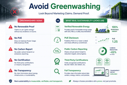 Green web hosting warning signs showing how to identify unsupported sustainability claims and greenwashing