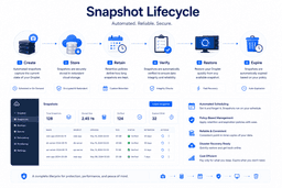 Cloud snapshot lifecycle showing creation storage retention verification restore and expiration management