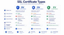 Comparison of DV OV and EV SSL certificates showing validation levels verification process and business use cases