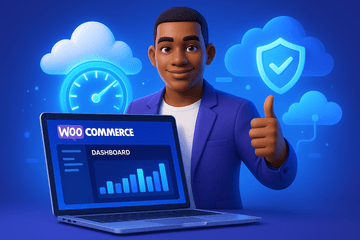Entrepreneur launching a WooCommerce store on Cloudoora’s managed hosting platform, surrounded by icons of speed, security, and cloud reliability.