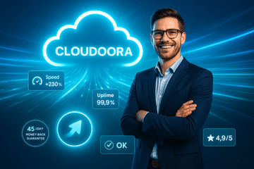 A bright, uplifting visual showing a confident business owner or tech professional standing in front of a glowing Cloudoora c