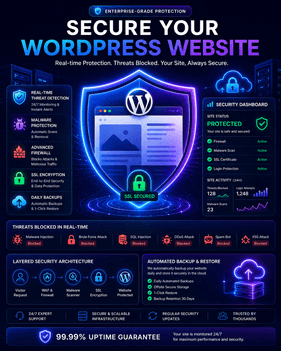 Secure managed WordPress hosting with malware protection, backups, firewall security, and real-time monitoring