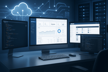 A sleek modern workspace featuring multiple computer screens displaying dashboards, code editors, and server management panel