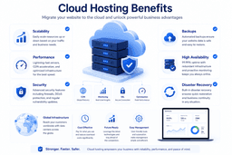 Benefits of cloud hosting migration including scalability performance security backups and high availability