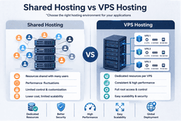 comparison of shared hosting vs VPS hosting showing resource allocation performance and control differences