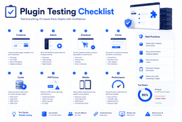 WordPress plugin testing checklist showing frontend admin checkout cache PHP errors and mobile testing