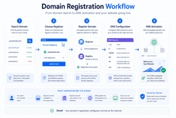 domain registration flow from domain search to registry and DNS activation process