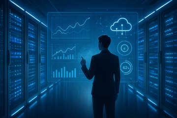 A sleek, futuristic data center glowing with cool blue and white lighting, filled with rows of illuminated server racks repre