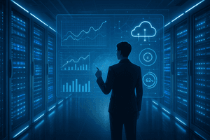 A sleek, futuristic data center glowing with cool blue and white lighting, filled with rows of illuminated server racks repre