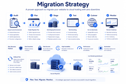 Cloud migration strategy showing infrastructure audit planning staging testing DNS cutover and monitoring