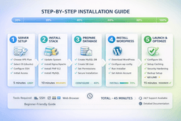 WordPress installation on VPS showing server setup database configuration and deployment steps