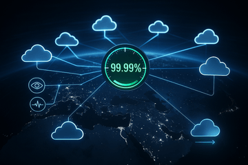 A futuristic global cloud network glowing across a digital Earth at night — bright data lines connecting servers around the