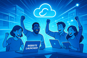 startup team launching website using Cloudoora hosting for startup