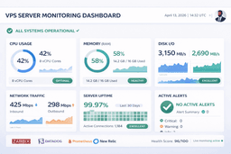 VPS server monitoring dashboard showing CPU memory disk usage uptime and alerts