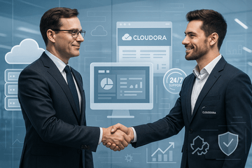 Professional partnership scene symbolizing Cloudoora reseller advantages — enterprise hosting, full branding, expert support, and business growth tools.