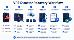 VPS disaster recovery workflow showing failure detection backup restoration validation and production recovery
