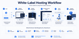 White-label hosting workflow showing website development hosting provisioning branded client dashboard and ongoing maintenance