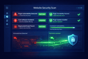 Website vulnerability scanner detecting plugin security gaps and applying automatic patches.