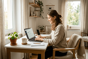 Blogger in a Nordic home office writing content on WordPress hosting optimized for fast page loads in Finland