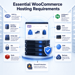 WooCommerce hosting requirements including PHP MySQL NVMe SSD Redis CPU RAM SSL and CDN