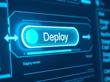 Developer dashboard showing one-click staging and deployment with glowing progress bars and version transition effects.