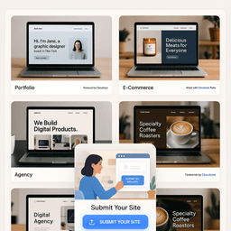 A clean, modern web gallery featuring real-user website thumbnails hosted on Cloudoora, displayed in a responsive grid layout. One card stands out with a glowing “Submit Your Site” button and an upload icon (📤). Visual Elements: Laptops or monitors displaying live websites made with Cloudoora A friendly person clicking “Submit My Website” in a modern dashboard UI elements that match Cloudoora’s brand: blue, white, and soft shadows Overlays like: “Powered by Cloudoora” or “Made with Cloudoora Tools” Optional background: collaborative workspace or cozy home desk Style: Professional yet beginner-friendly, community-focused, realistic lighting, and warm tones. Emphasize inclusivity, ease-of-use, and real user success.