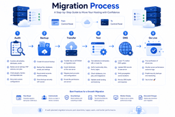 Migration workflow from cPanel to Plesk showing backups transfer testing DNS updates and deployment