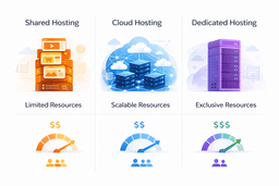 comparison of shared hosting, cloud hosting, and dedicated hosting with features and use cases