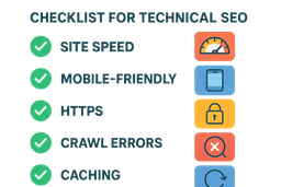 “Checklist infographic for technical SEO: site speed, mobile-friendly, HTTPS, crawl errors, caching, colorful icons, clear flat design”