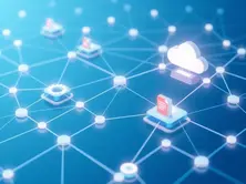 Futuristic visualization of API connections between cloud apps and servers, symbolizing seamless automation and integration features.
