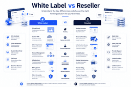 Comparison of white label hosting and reseller hosting showing branding client management and hosting features