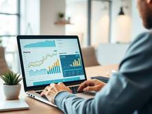 Digital marketer analyzing SEO metrics on a laptop showing organic traffic growth and keyword rankings for free website promotion in 2025.