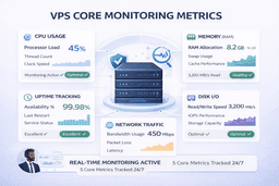 VPS monitoring metrics including CPU usage memory disk I O network traffic and uptime
