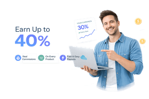 Smiling entrepreneur with laptop promoting the Cloudoora affiliate program, highlighting earn up to 40% commission, real commissions, and fast payouts.