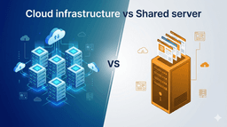 Cloud hosting vs shared hosting comparison showing cloud infrastructure and shared server environment