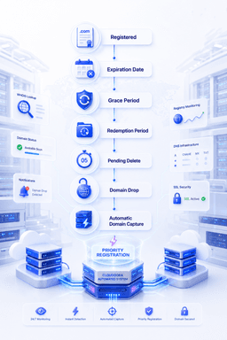 Illustration showing the complete domain lifecycle from registration to automatic domain capture for Cloudoora's domain backorder service, including expiration, grace period, redemption, pending delete, domain drop, and priority registration.