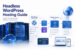 Headless WordPress hosting architecture showing WordPress backend REST API GraphQL Next.js frontend and CDN delivery