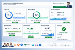 VPS monitoring dashboard tracking CPU memory disk usage and uptime