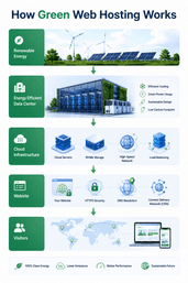 Diagram explaining how green web hosting uses renewable energy efficient data centers and cloud infrastructure