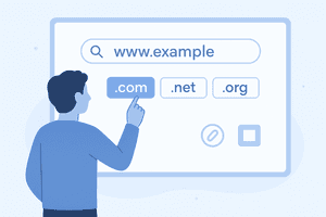 choosing a domain name with search bar and TLD options for SEO and branding.